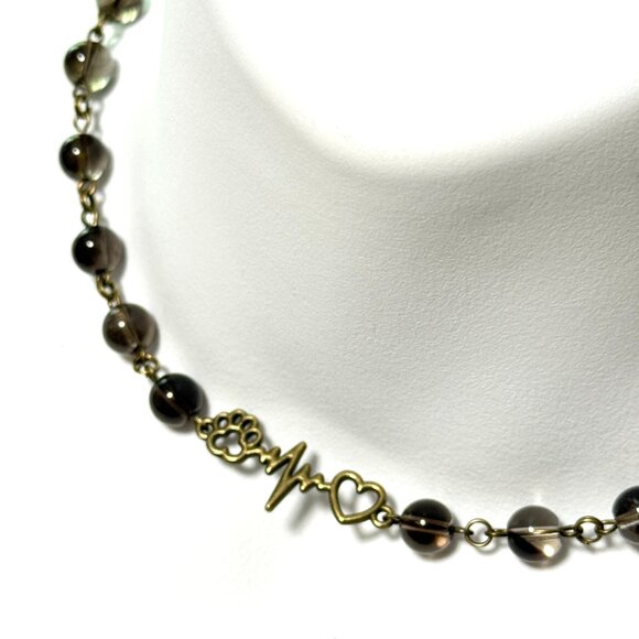 Natural Smoky Quartz Short Necklace, Gemstone + Bronze Paw Print Heart Beat - Picture 1 of 14